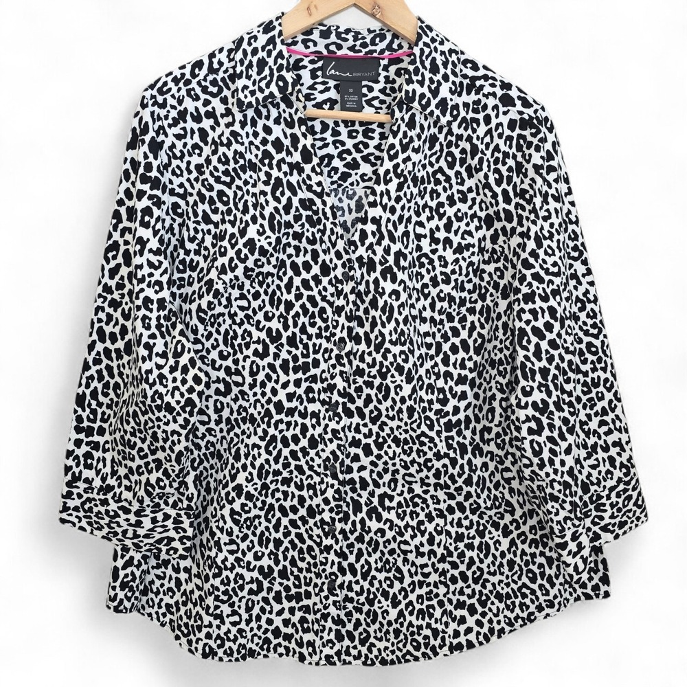 Lane Bryant Top Womens Plus 22 Black Leopard Print Button Front Blouse Shirt